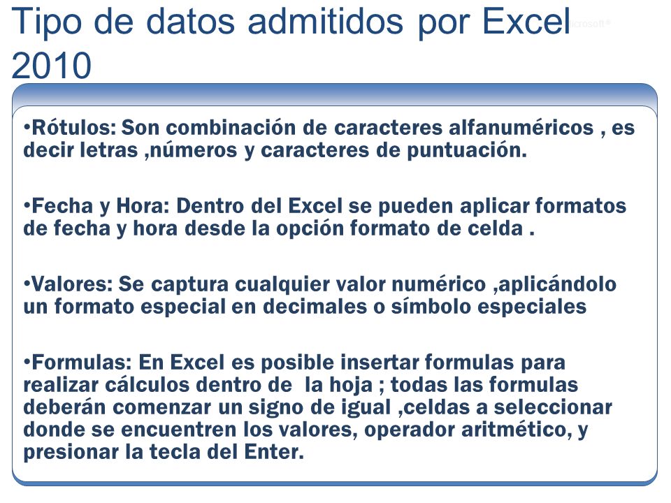 Tipo de datos admitidos por Excel 2010