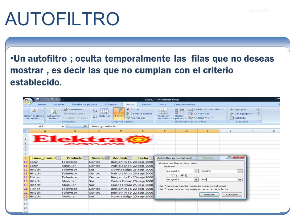 AUTOFILTRO Un autofiltro ; oculta temporalmente las filas que no deseas mostrar , es decir las que no cumplan con el criterio establecido.