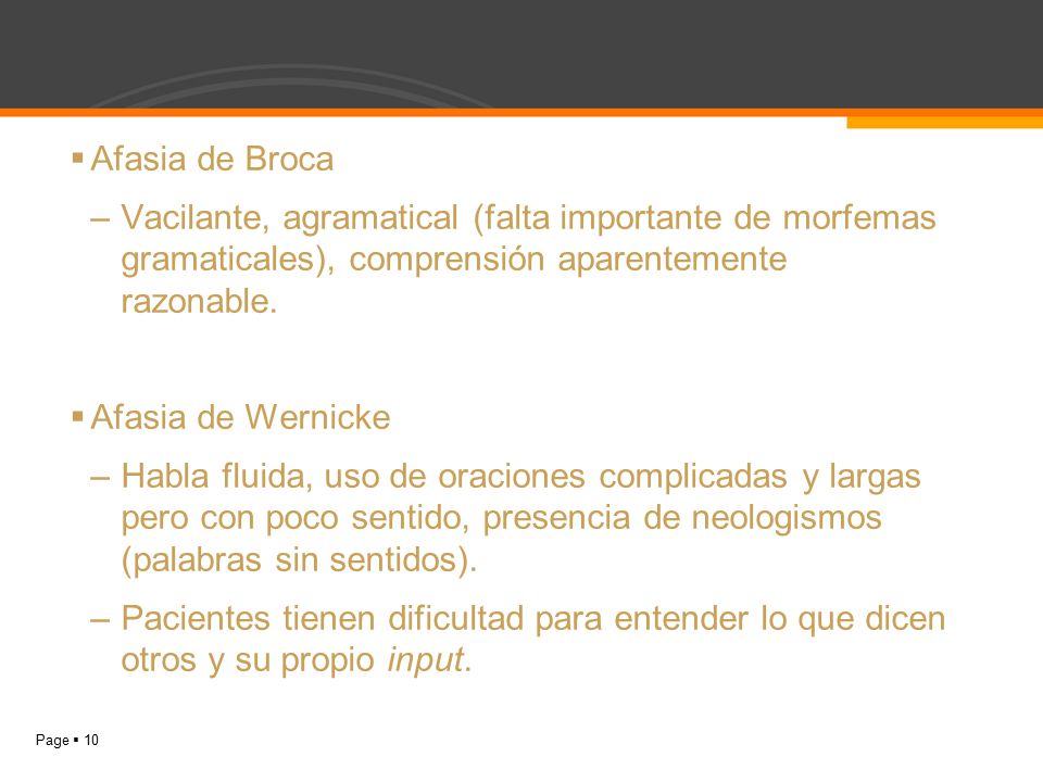 Afasia de Broca Vacilante, agramatical (falta importante de morfemas gramaticales), comprensión aparentemente razonable.
