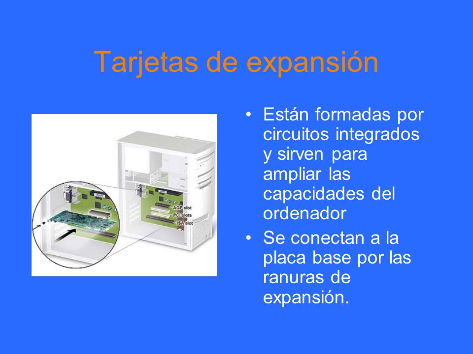Tarjetas de expansión Están formadas por circuitos integrados y sirven para ampliar las capacidades del ordenador.