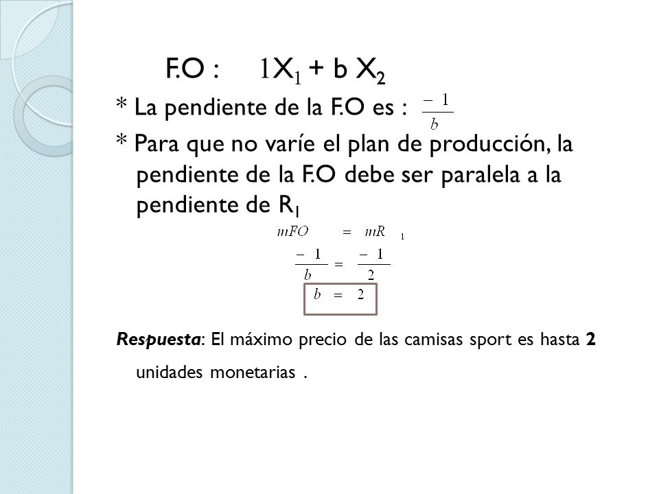 F.O : 1X1 + b X2 * La pendiente de la F.O es :