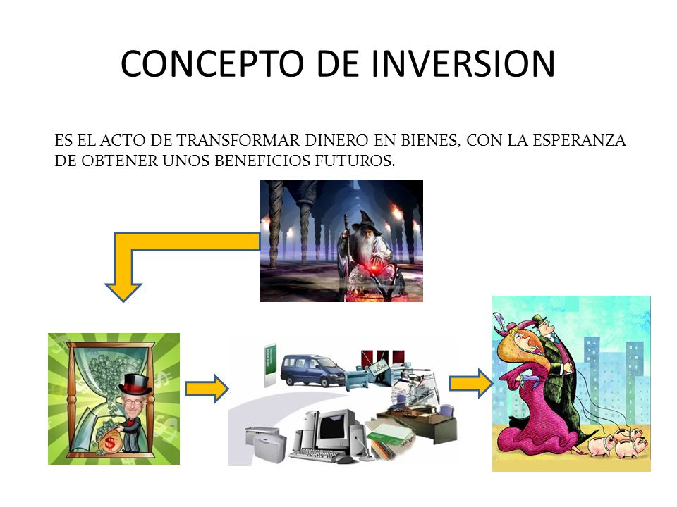 CONCEPTO DE INVERSION ES EL ACTO DE TRANSFORMAR DINERO EN BIENES, CON LA ESPERANZA DE OBTENER UNOS BENEFICIOS FUTUROS.