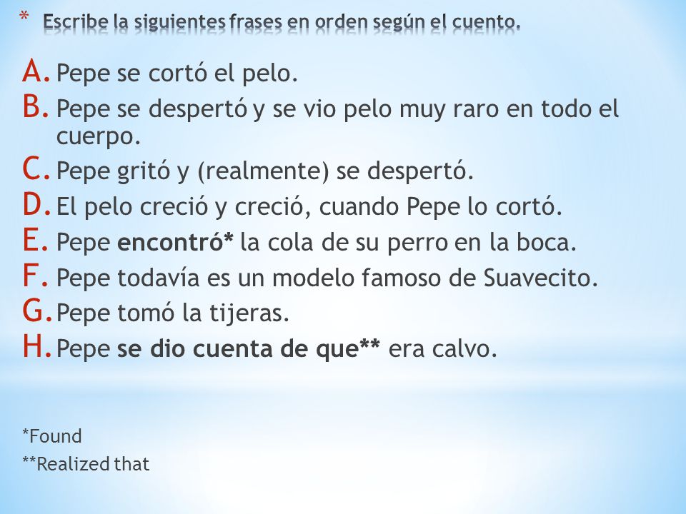 Escribe la siguientes frases en orden según el cuento.