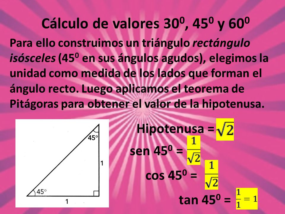 Cálculo de valores 300, 450 y 600 Hipotenusa = sen 450 = cos 450 =
