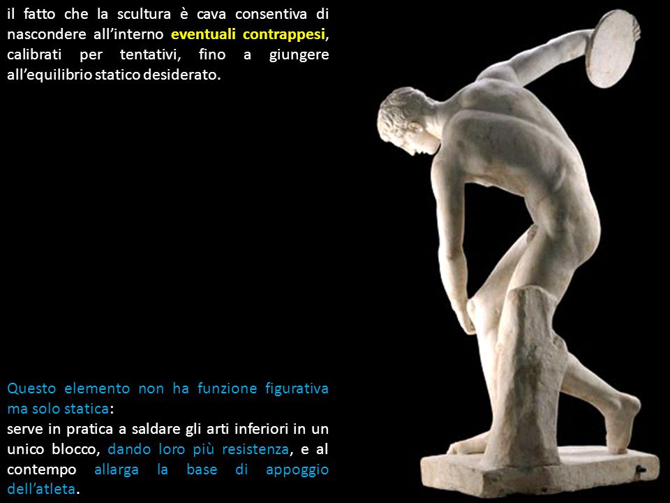il fatto che la scultura è cava consentiva di nascondere all’interno eventuali contrappesi, calibrati per tentativi, fino a giungere all’equilibrio statico desiderato.