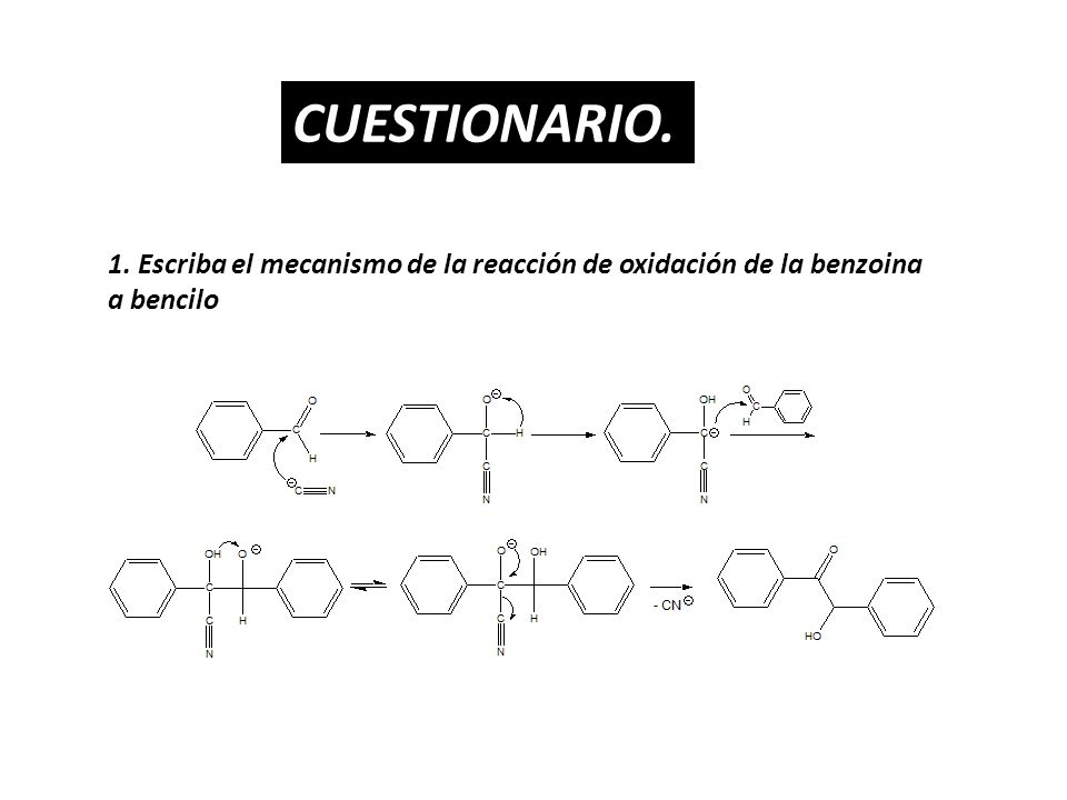 CUESTIONARIO. 1. Escriba el mecanismo de la reacción de oxidación de la benzoina a bencilo