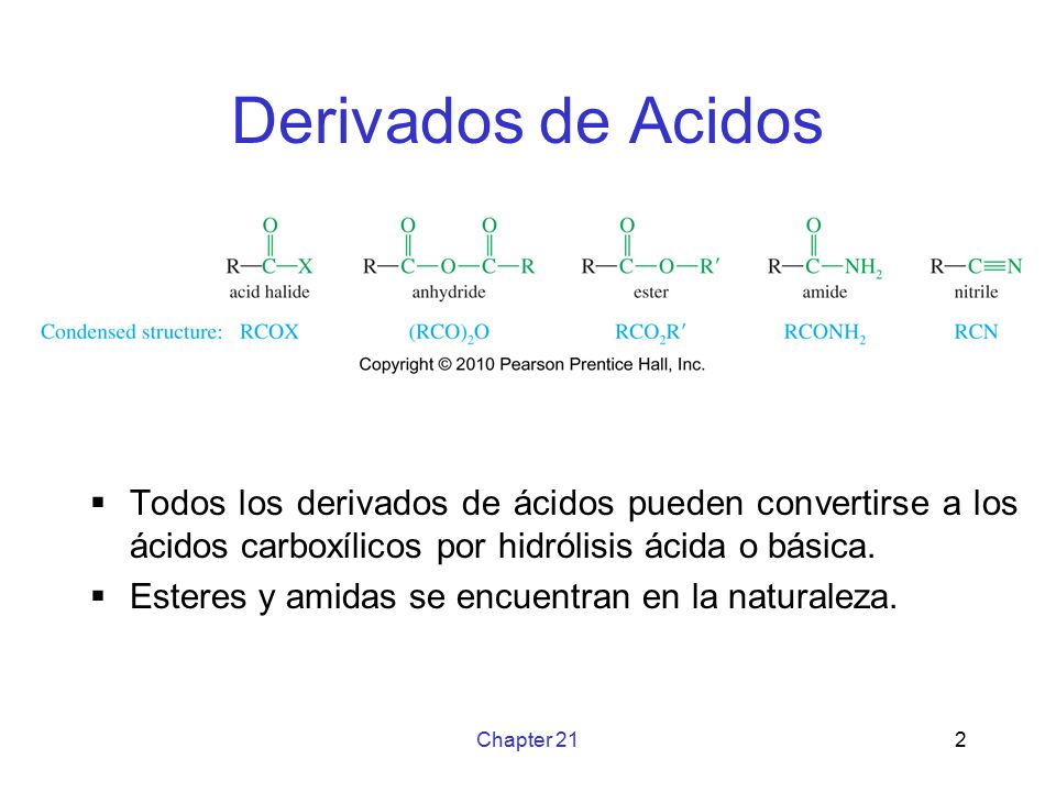 Derivados de Acidos Todos los derivados de ácidos pueden convertirse a los ácidos carboxílicos por hidrólisis ácida o básica.