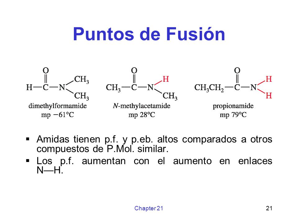 Puntos de Fusión Amidas tienen p.f. y p.eb. altos comparados a otros compuestos de P.Mol. similar.