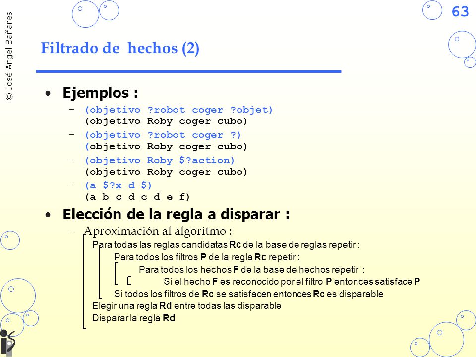 Filtrado de hechos (2) Ejemplos : Elección de la regla a disparar :