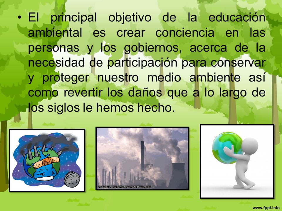 El principal objetivo de la educación ambiental es crear conciencia en las personas y los gobiernos, acerca de la necesidad de participación para conservar y proteger nuestro medio ambiente así como revertir los daños que a lo largo de los siglos le hemos hecho.
