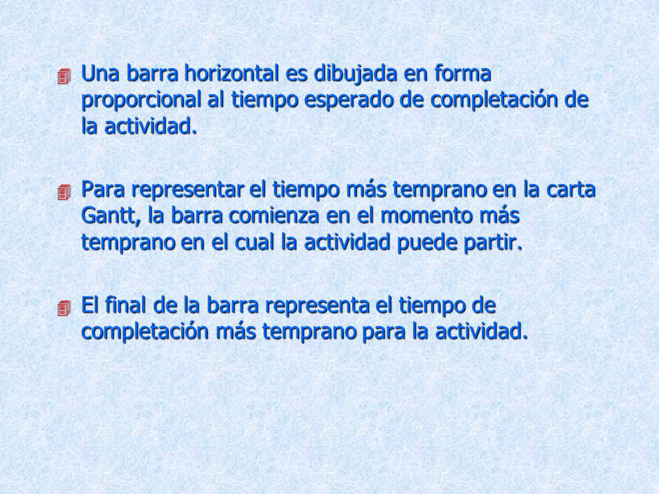Una barra horizontal es dibujada en forma proporcional al tiempo esperado de completación de la actividad.