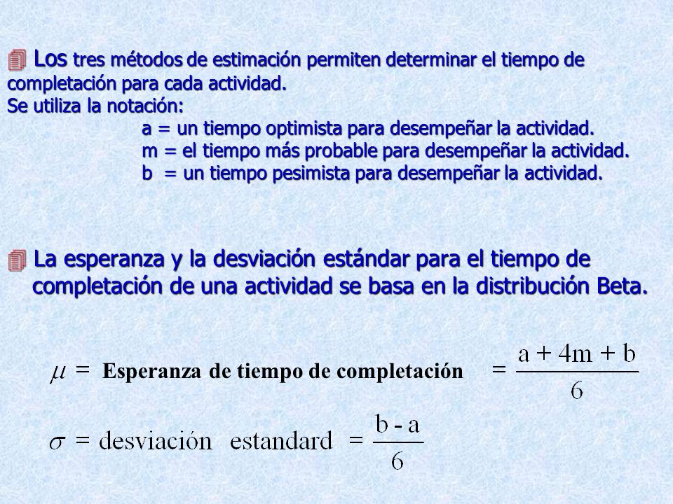  Los tres métodos de estimación permiten determinar el tiempo de completación para cada actividad. Se utiliza la notación: a = un tiempo optimista para desempeñar la actividad. m = el tiempo más probable para desempeñar la actividad. b = un tiempo pesimista para desempeñar la actividad.