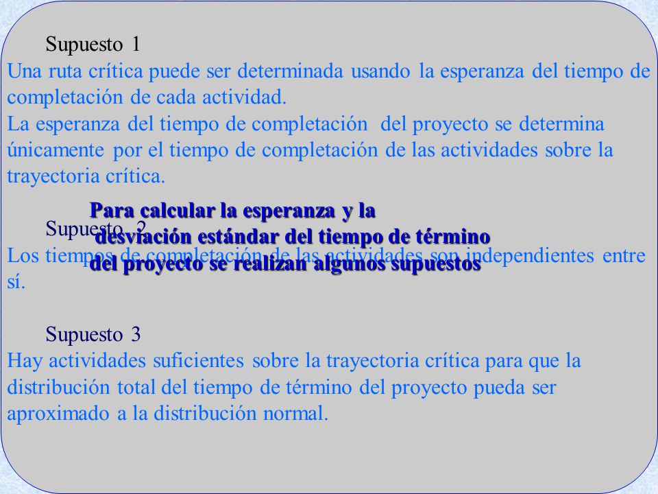 Supuesto 1 Una ruta crítica puede ser determinada usando la esperanza del tiempo de completación de cada actividad.