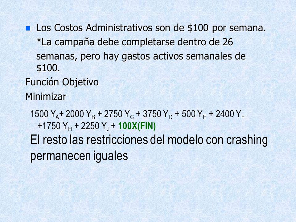El resto las restricciones del modelo con crashing permanecen iguales