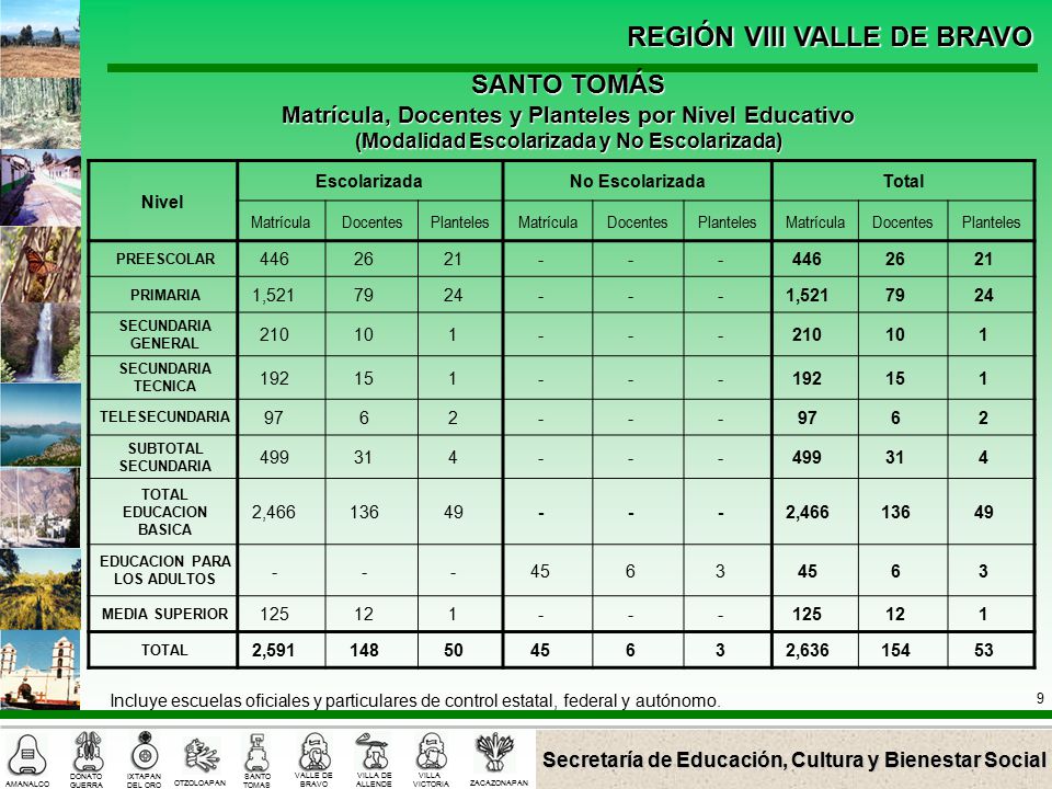 SANTO TOMÁS Matrícula, Docentes y Planteles por Nivel Educativo