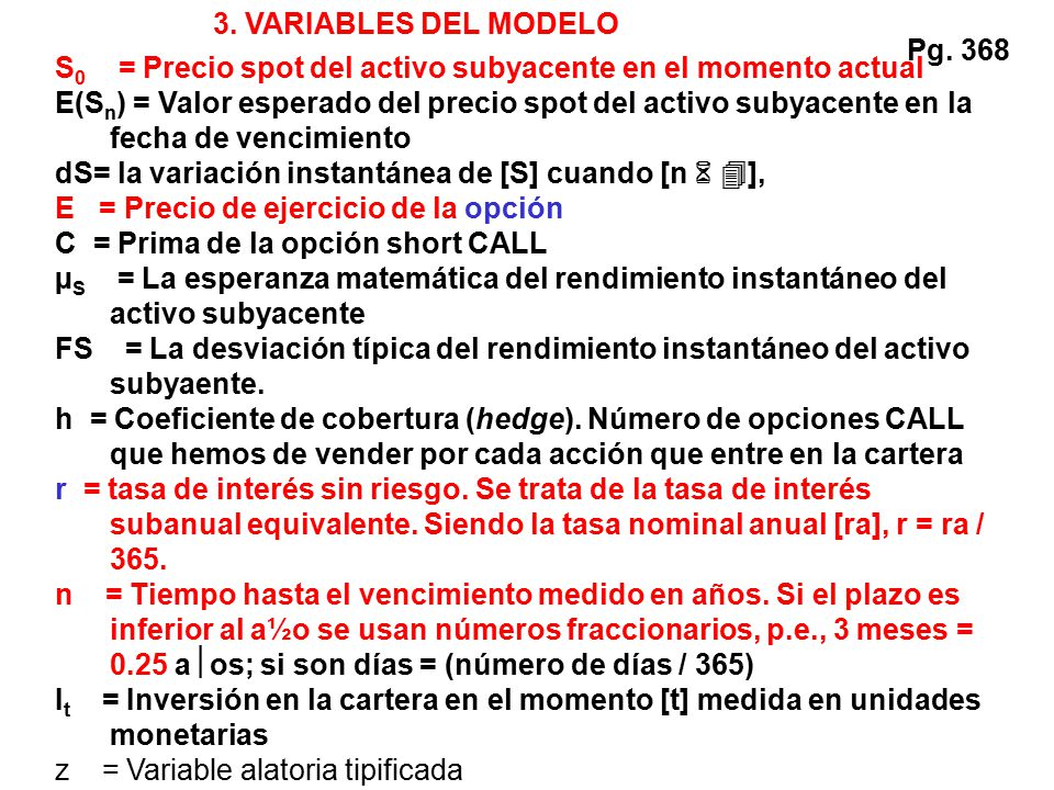 3. VARIABLES DEL MODELO Pg S0 = Precio spot del activo subyacente en el momento actual.