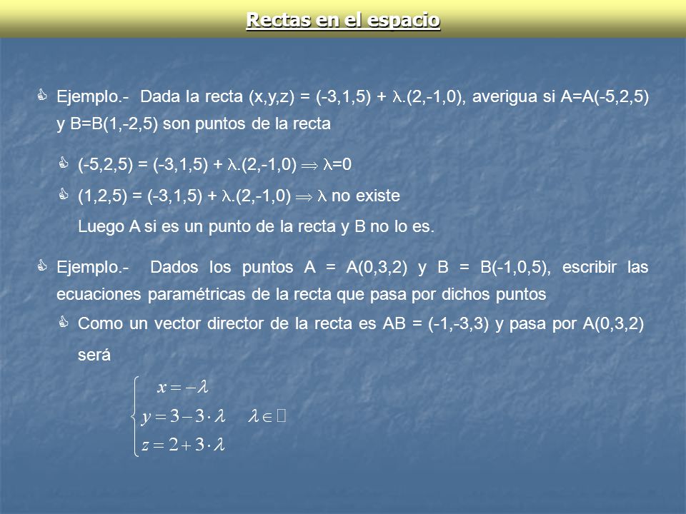 Rectas en el espacio Ejemplo.- Dada la recta (x,y,z) = (-3,1,5) + .(2,-1,0), averigua si A=A(-5,2,5) y B=B(1,-2,5) son puntos de la recta.