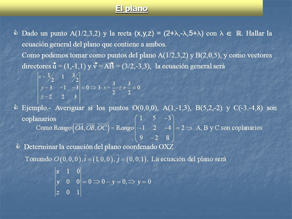 El plano Dado un punto A(1/2,3,2) y la recta (x,y,z) = (2+,-,5+) con   ℝ. Hallar la ecuación general del plano que contiene a ambos.