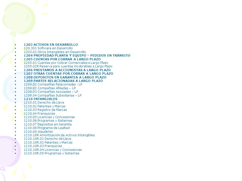 1203 ACTIVOS EN DESARROLLO Software en Desarrollo Otros Intangibles en Desarrollo.