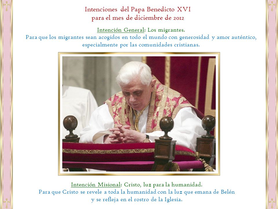 Intenciones del Papa Benedicto XVI para el mes de diciembre de 2012