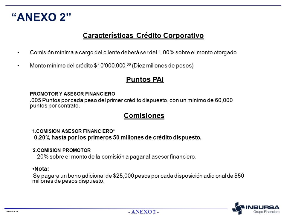 ANEXO 2 Características Crédito Corporativo Puntos PAI Comisiones