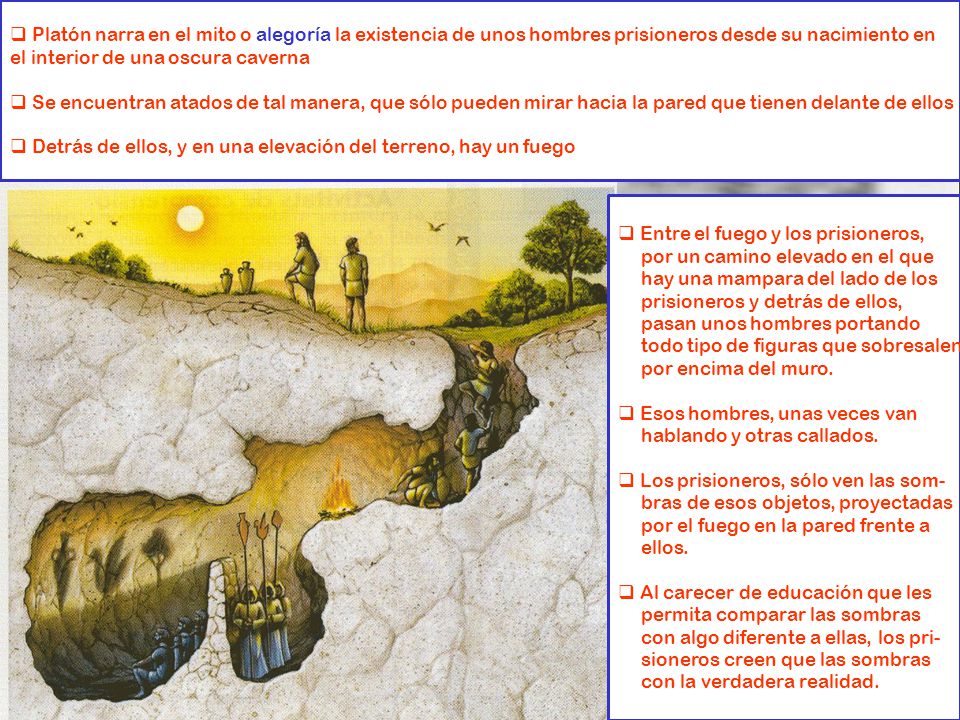 Platón narra en el mito o alegoría la existencia de unos hombres prisioneros desde su nacimiento en