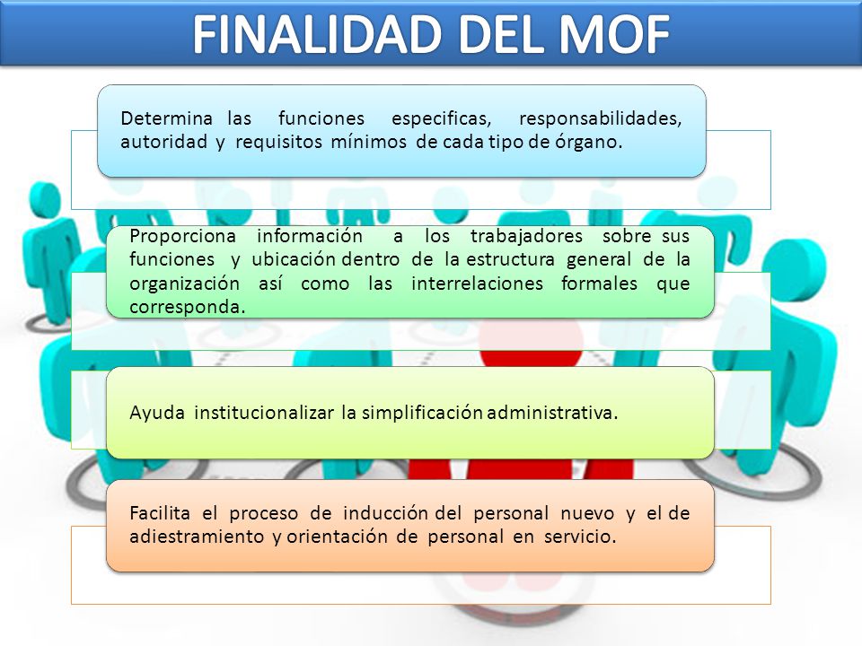 FINALIDAD DEL MOF Determina las funciones especificas, responsabilidades, autoridad y requisitos mínimos de cada tipo de órgano.