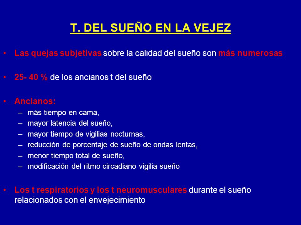 T. DEL SUEÑO EN LA VEJEZ Las quejas subjetivas sobre la calidad del sueño son más numerosas % de los ancianos t del sueño.