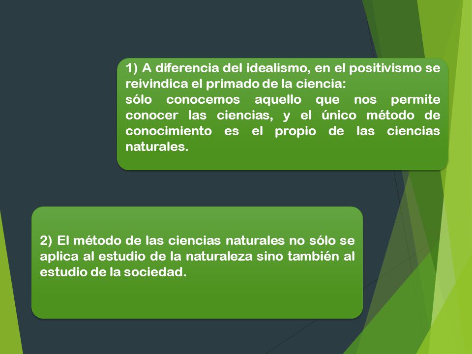 1) A diferencia del idealismo, en el positivismo se reivindica el primado de la ciencia: