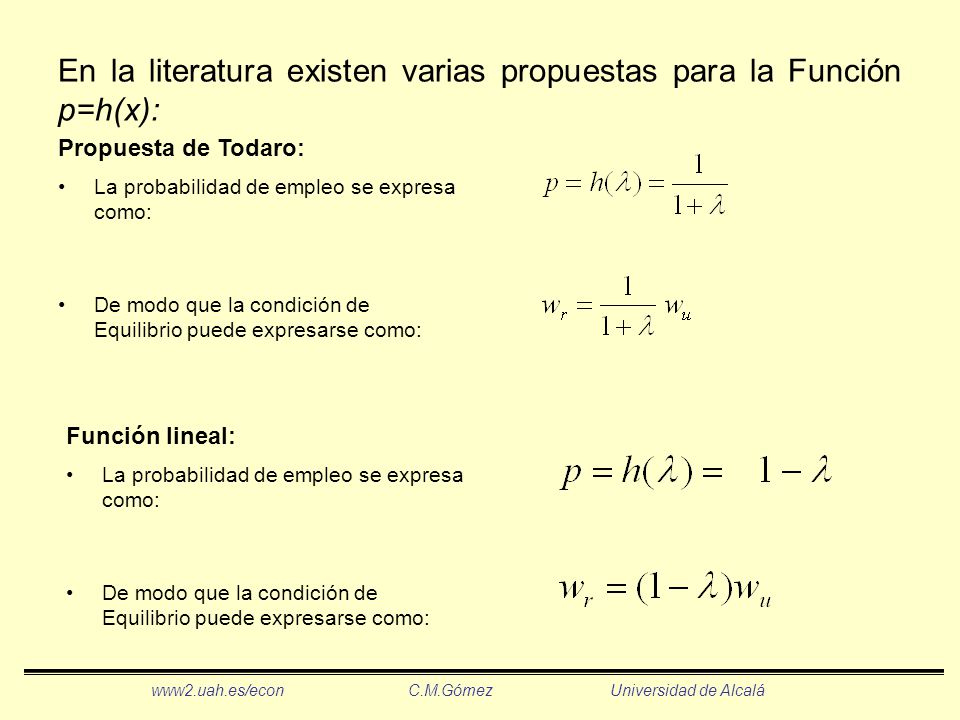 En la literatura existen varias propuestas para la Función p=h(x):