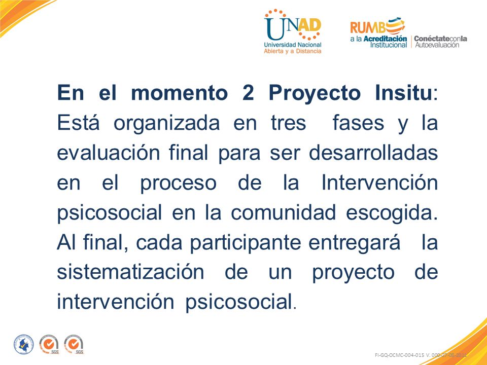 En el momento 2 Proyecto Insitu: Está organizada en tres fases y la evaluación final para ser desarrolladas en el proceso de la Intervención psicosocial en la comunidad escogida. Al final, cada participante entregará la sistematización de un proyecto de intervención psicosocial.