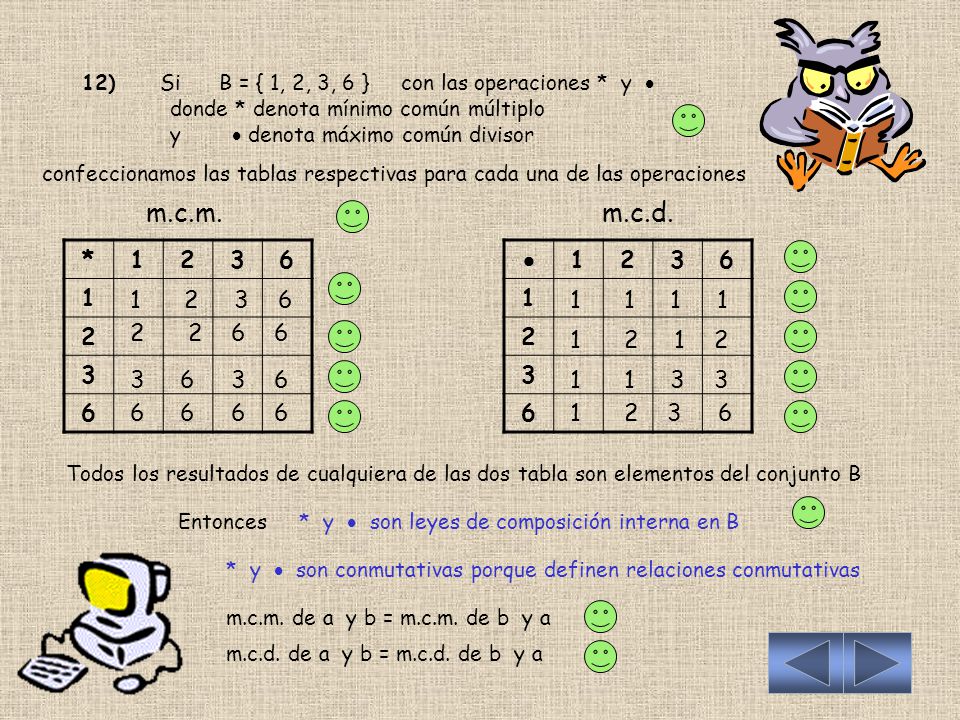 12) Si B = { 1, 2, 3, 6 } con las operaciones. y  donde