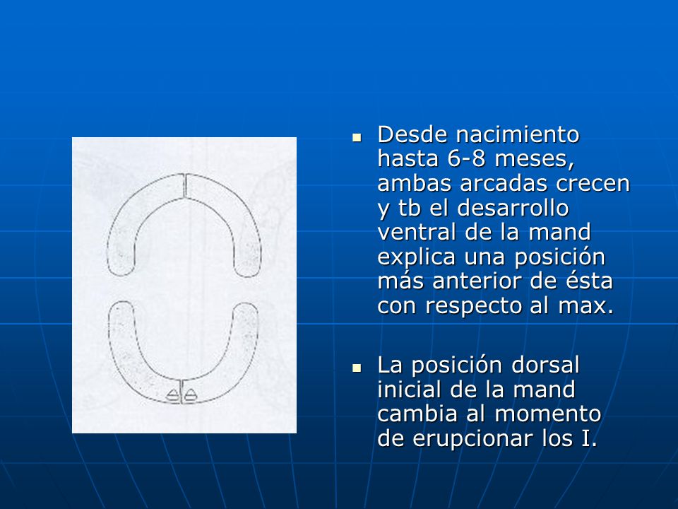 Desde nacimiento hasta 6-8 meses, ambas arcadas crecen y tb el desarrollo ventral de la mand explica una posición más anterior de ésta con respecto al max.