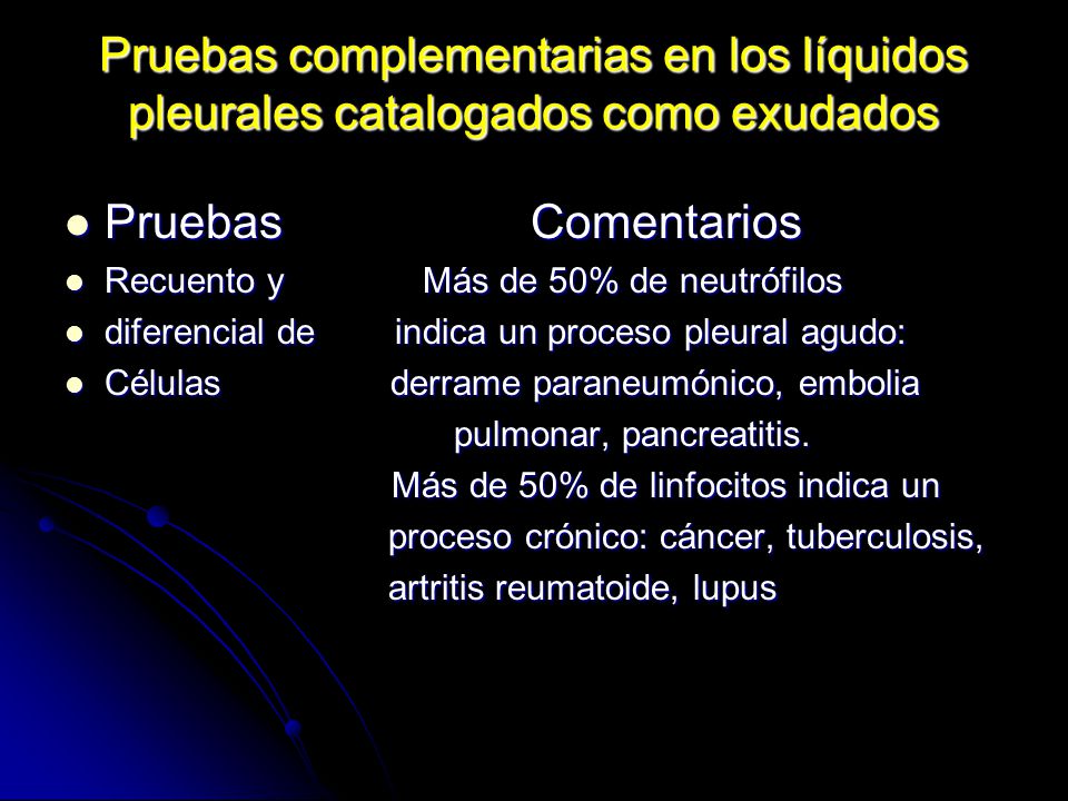 Pruebas complementarias en los líquidos pleurales catalogados como exudados