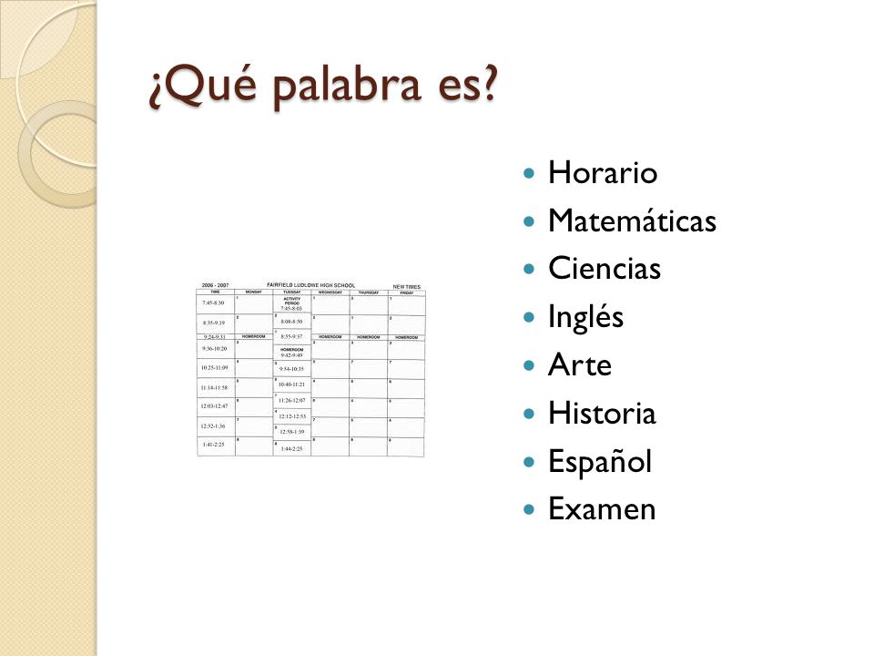 ¿Qué palabra es Horario Matemáticas Ciencias Inglés Arte Historia