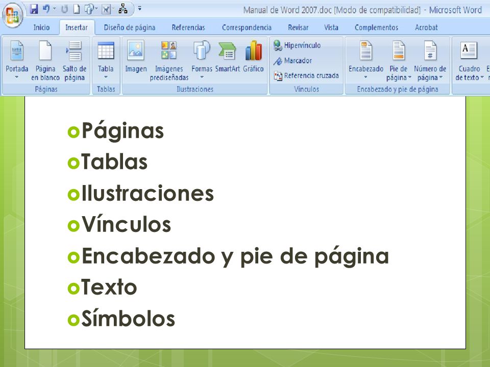 Páginas Tablas Ilustraciones Vínculos Encabezado y pie de página Texto Símbolos