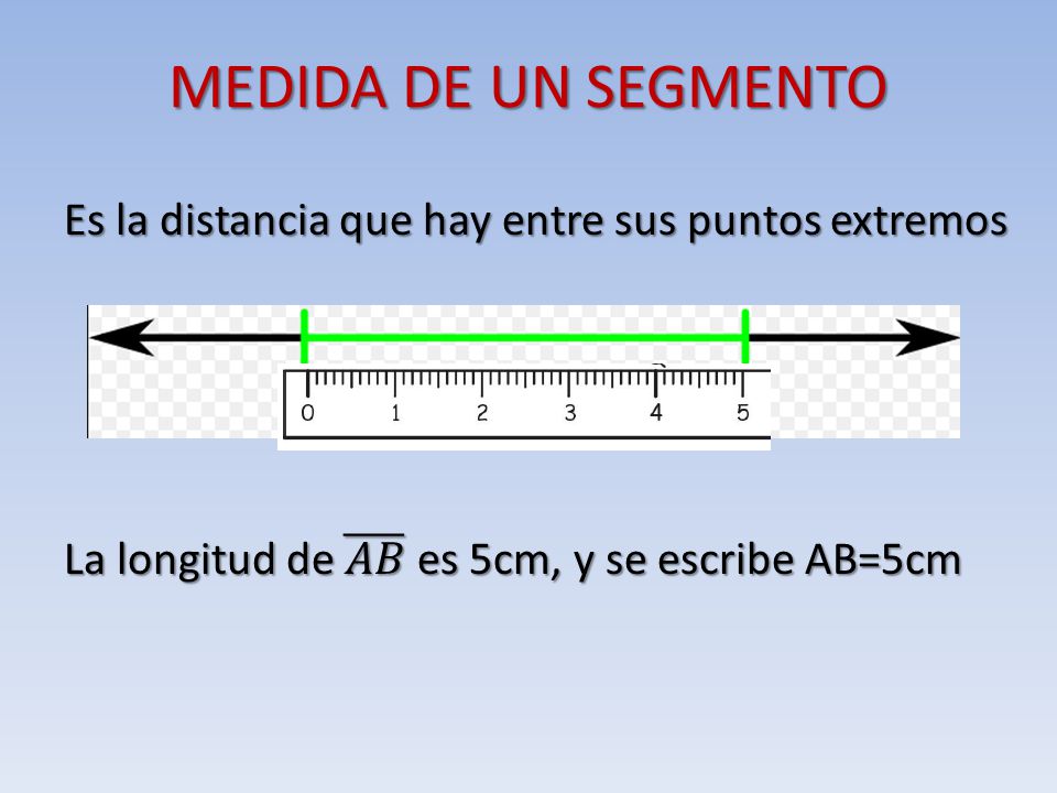 MEDIDA DE UN SEGMENTO Es la distancia que hay entre sus puntos extremos La longitud de 𝐴𝐵 es 5cm, y se escribe AB=5cm