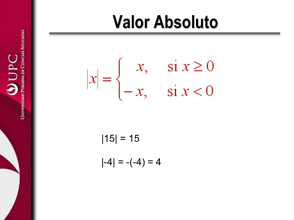 Valor Absoluto |15| = 15 |-4| = -(-4) = 4