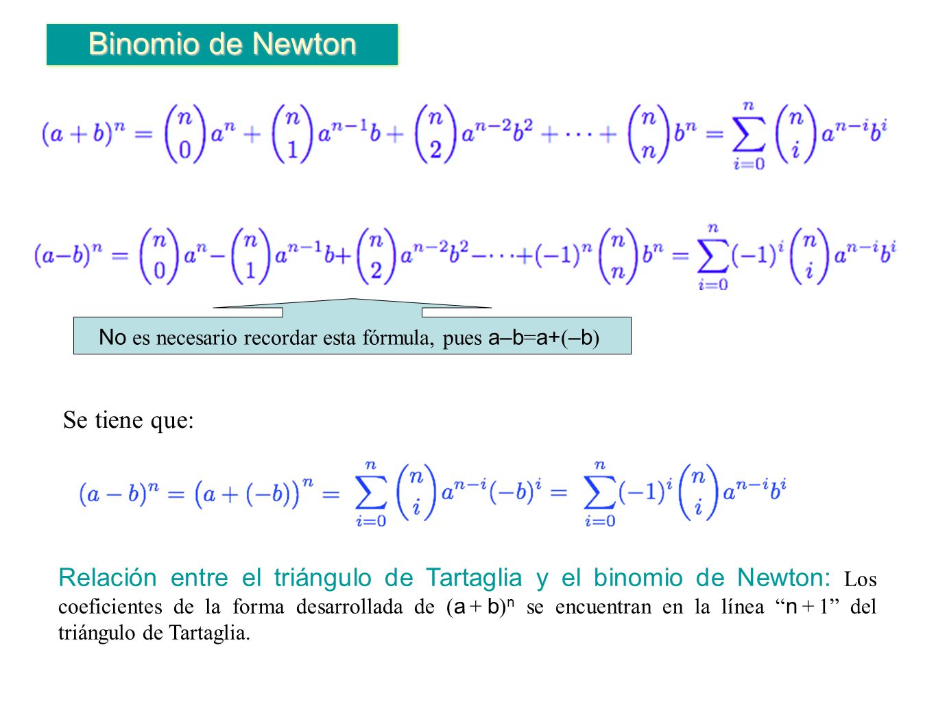 No es necesario recordar esta fórmula, pues a–b=a+(–b)