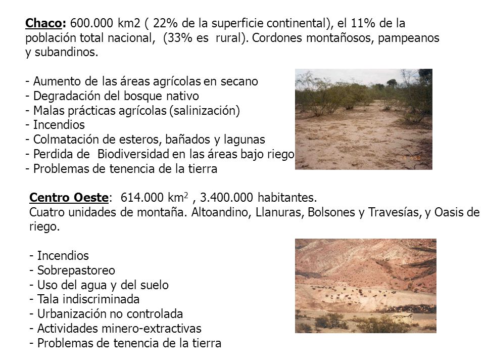 Chaco: km2 ( 22% de la superficie continental), el 11% de la población total nacional, (33% es rural). Cordones montañosos, pampeanos y subandinos. - Aumento de las áreas agrícolas en secano - Degradación del bosque nativo - Malas prácticas agrícolas (salinización) - Incendios - Colmatación de esteros, bañados y lagunas - Perdida de Biodiversidad en las áreas bajo riego - Problemas de tenencia de la tierra