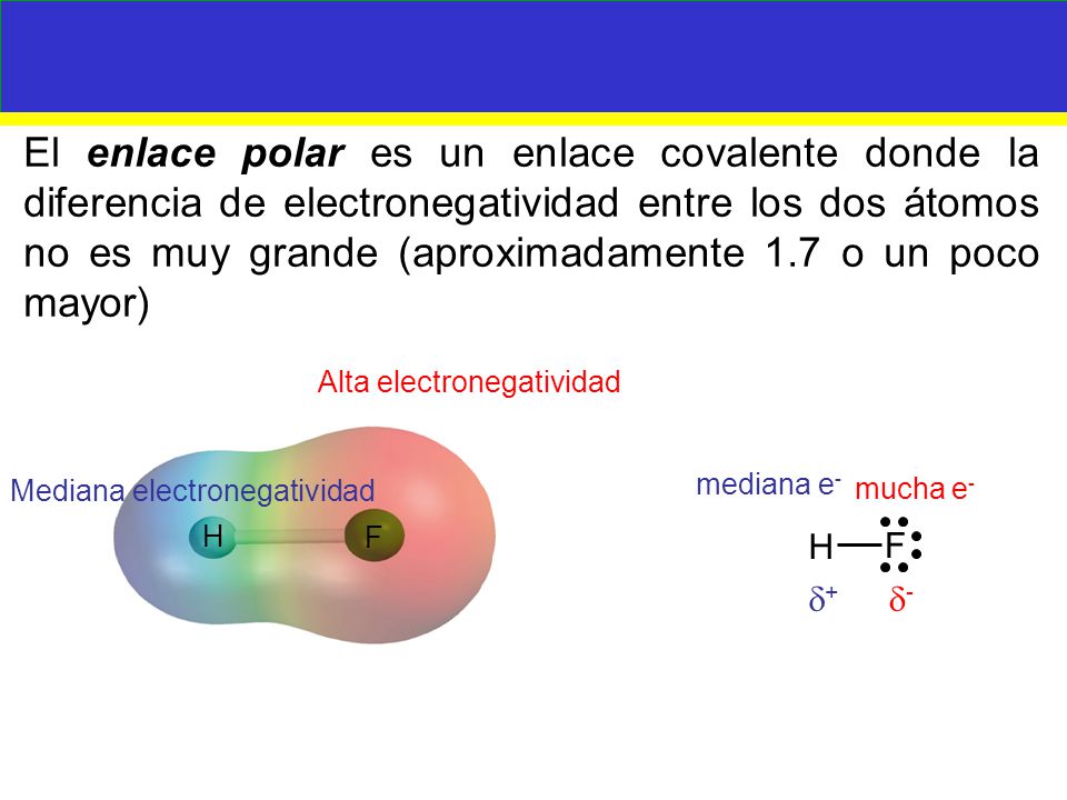 El enlace polar es un enlace covalente donde la diferencia de electronegatividad entre los dos átomos no es muy grande (aproximadamente 1.7 o un poco mayor)