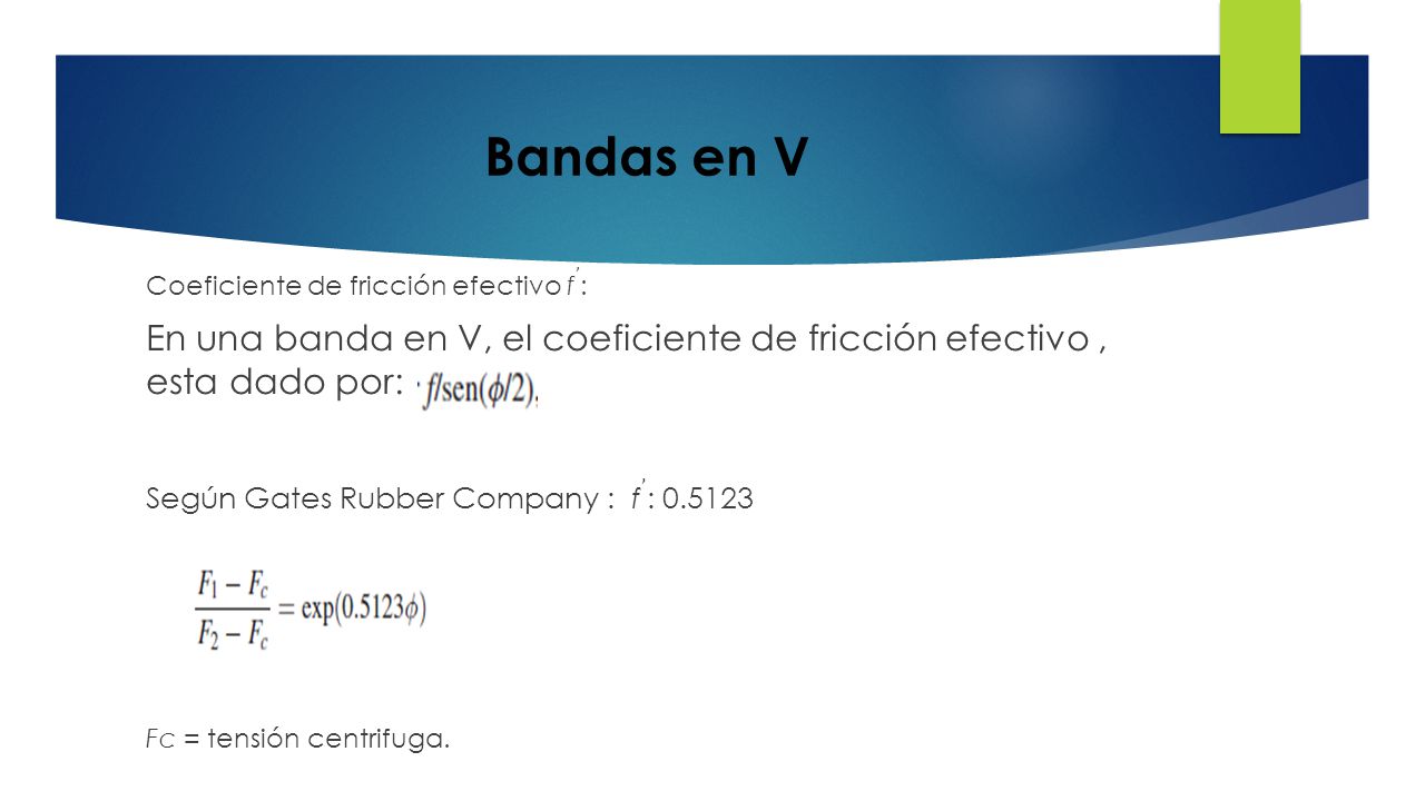 Bandas en V Coeficiente de fricción efectivo f ʼ : En una banda en V, el coeficiente de fricción efectivo , esta dado por:
