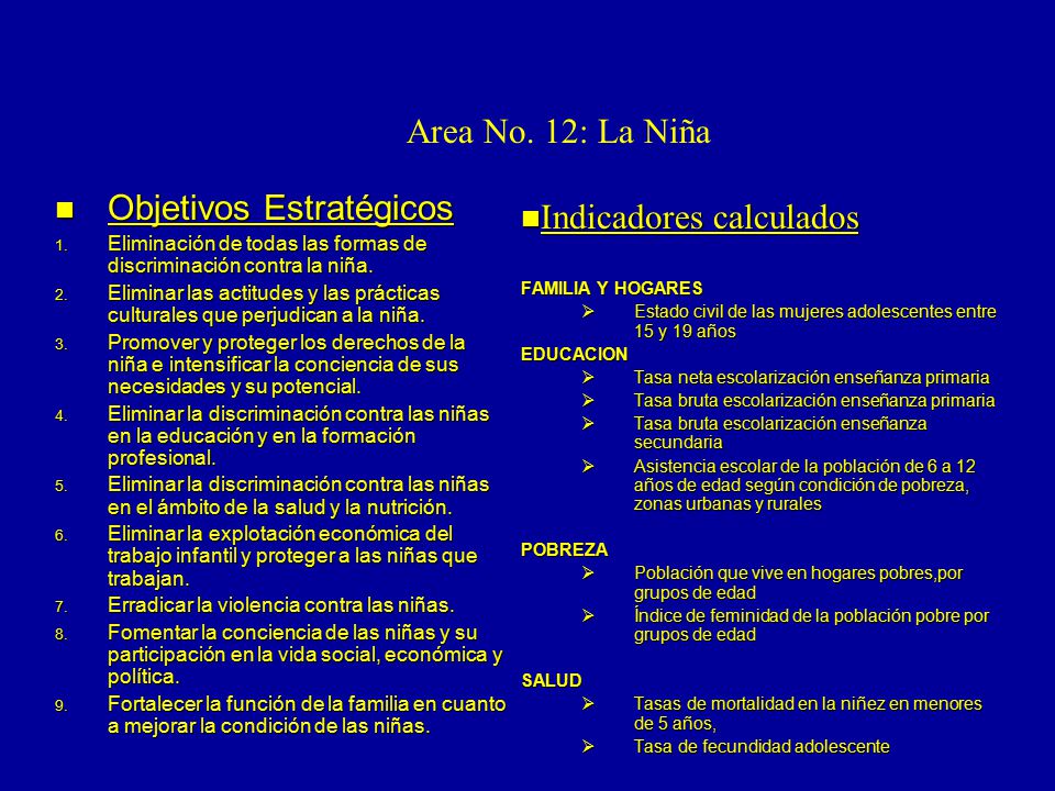 Area No. 12: La Niña Objetivos Estratégicos Indicadores calculados