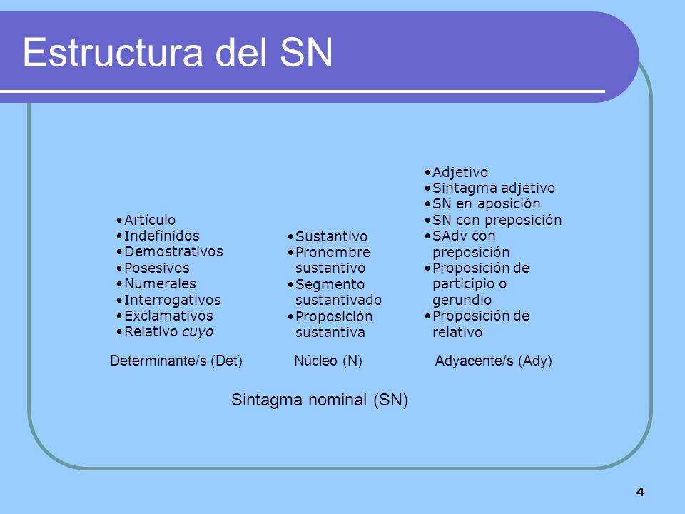 Estructura del SN Sintagma nominal (SN) Determinante/s (Det)