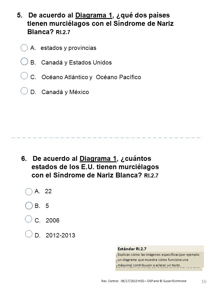 5. De acuerdo al Diagrama 1, ¿qué dos países tienen murciélagos con el Síndrome de Nariz Blanca RI.2.7