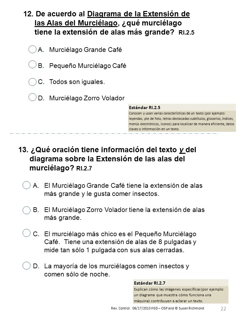 12. De acuerdo al Diagrama de la Extensión de las Alas del Murciélago, ¿qué murciélago tiene la extensión de alas más grande RI.2.5