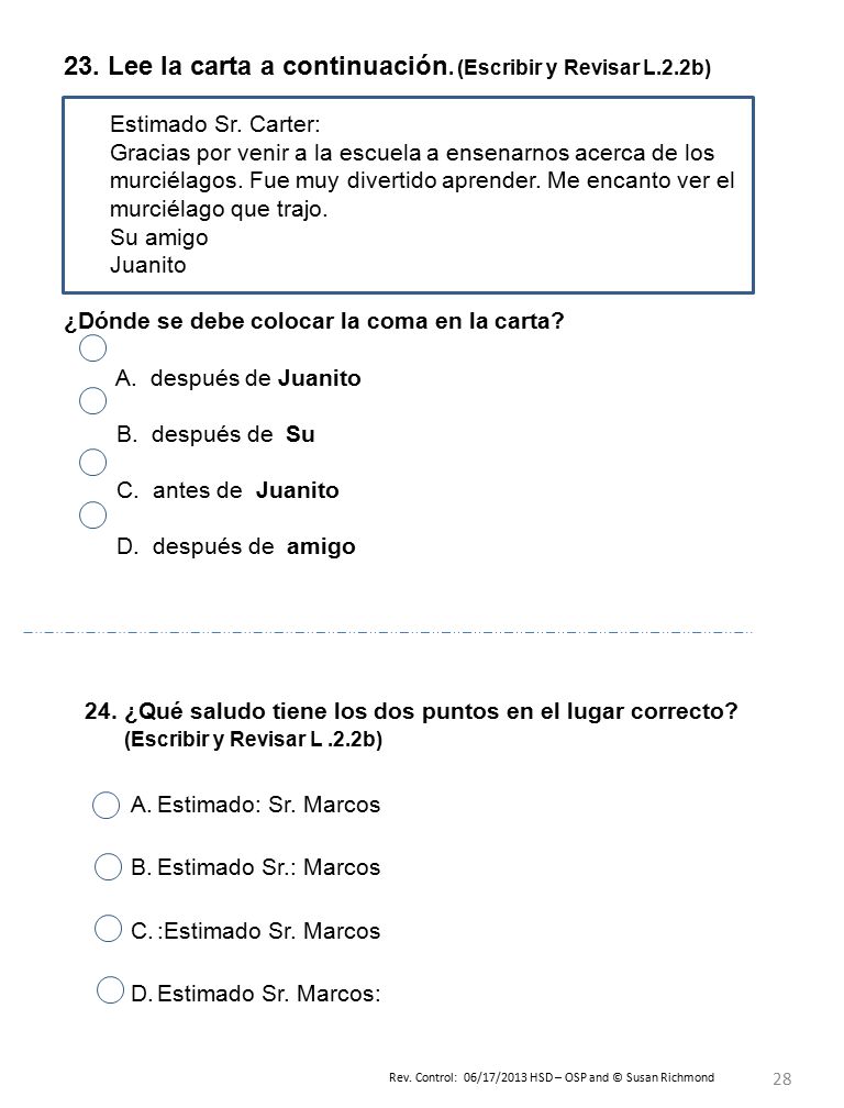 23. Lee la carta a continuación. (Escribir y Revisar L.2.2b)