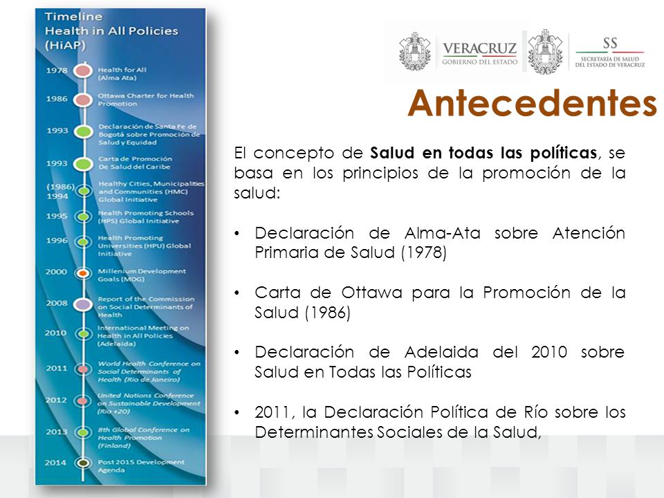 Antecedentes El concepto de Salud en todas las políticas, se basa en los principios de la promoción de la salud:
