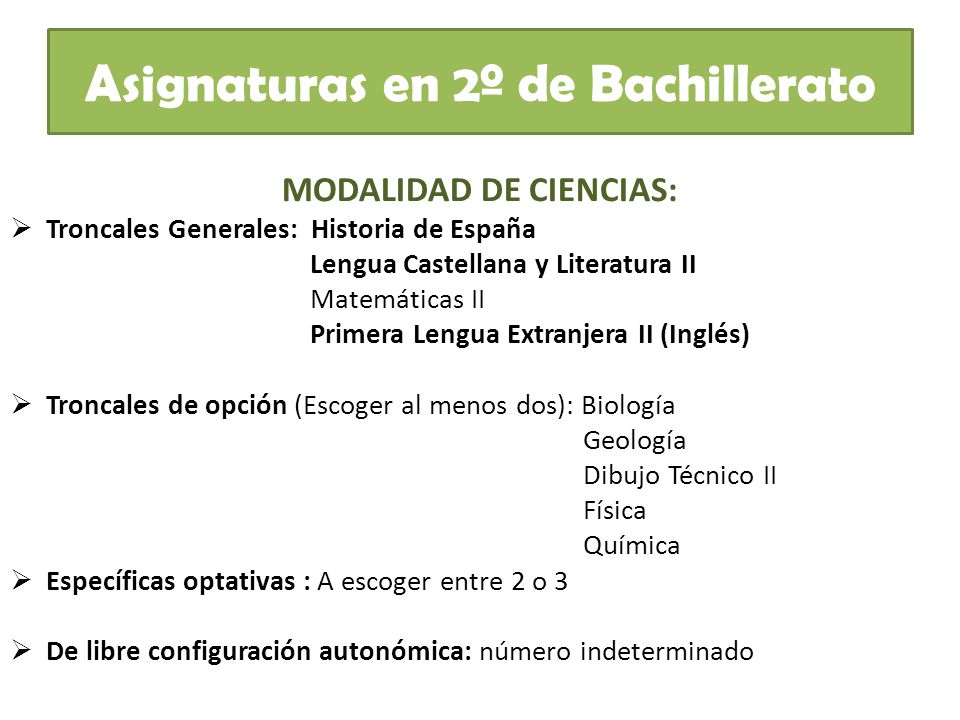Asignaturas en 2º de Bachillerato