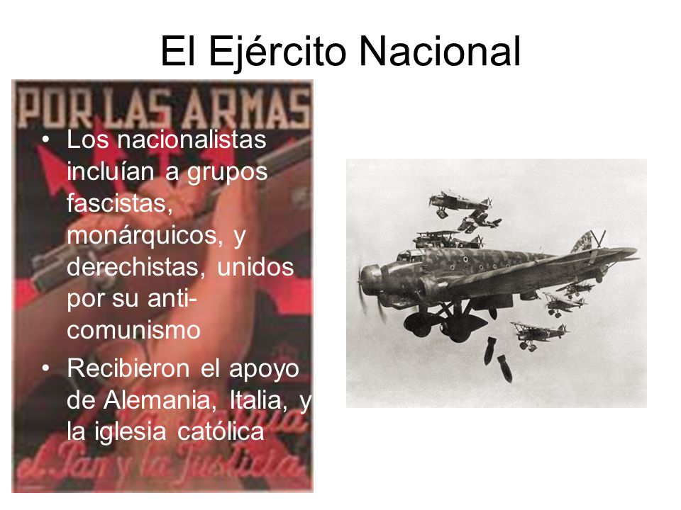 El Ejército Nacional Los nacionalistas incluían a grupos fascistas, monárquicos, y derechistas, unidos por su anti-comunismo.